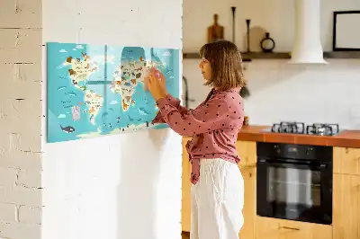 Magnetic glass dry erase board with an animal world map design