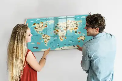 Magnetic glass dry erase board with an animal world map design