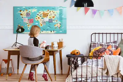 Magnetic glass dry erase board with an animal world map design