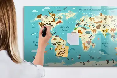 Magnetic glass dry erase board with an animal world map design