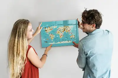Magnetic glass dry erase board with an animal world map design