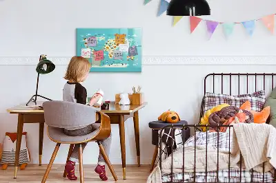 Magnetic glass dry erase board with an animal world map design
