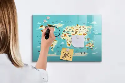 Magnetic glass dry erase board with an animal world map design