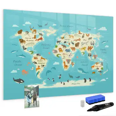 Magnetic glass dry erase board with an animal world map design