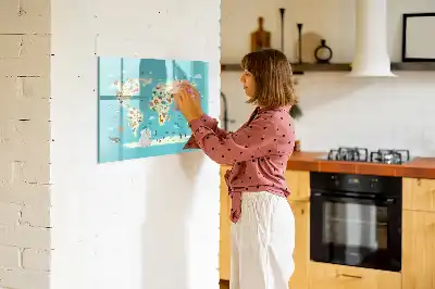 Magnetic glass dry erase board with an animal world map design