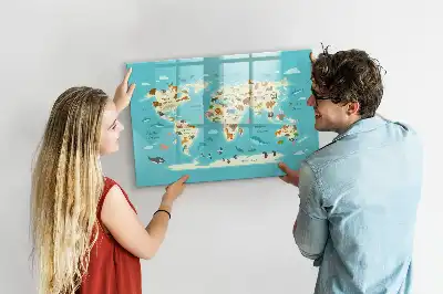 Magnetic glass dry erase board with an animal world map design