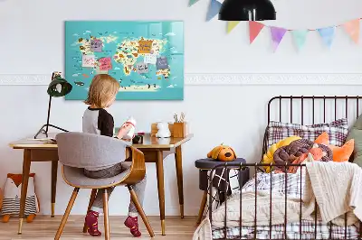 Magnetic glass dry erase board with an animal world map design