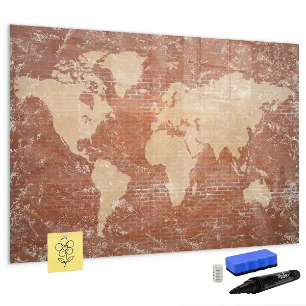 Magnetic marker board world map on brick