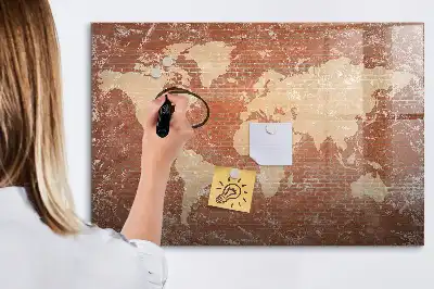 Magnetic marker board world map on brick