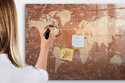Magnetic marker board world map on brick