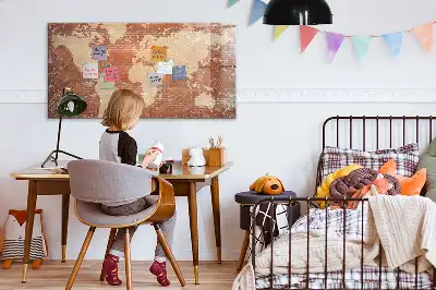 Magnetic marker board world map on brick