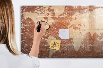 Magnetic marker board world map on brick
