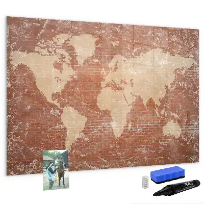 Magnetic marker board world map on brick