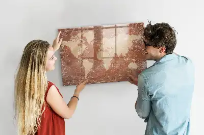Magnetic marker board world map on brick