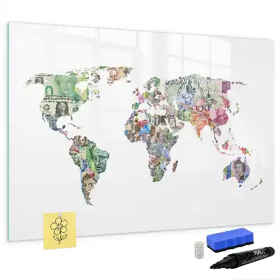 Magnetic glass dry erase board featuring a banknote map design