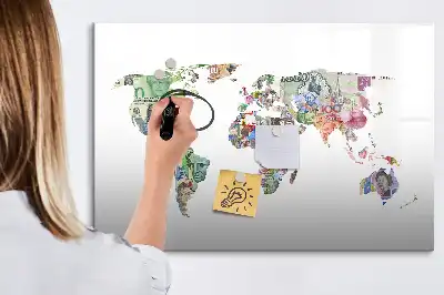 Magnetic glass dry erase board featuring a banknote map design