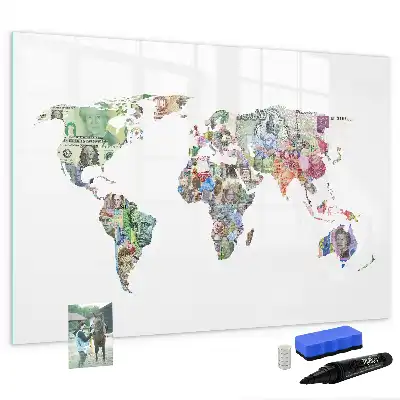 Magnetic glass dry erase board featuring a banknote map design