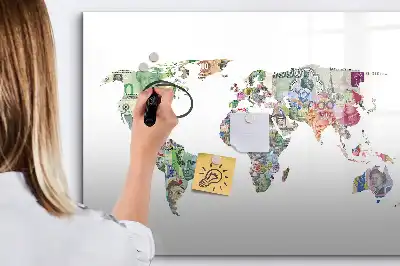 Magnetic glass dry erase board featuring a banknote map design
