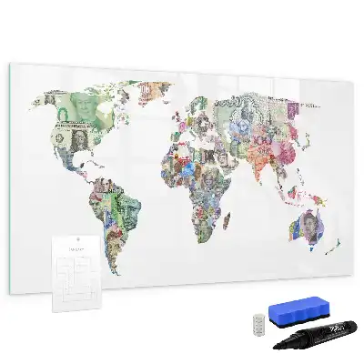 Magnetic glass dry erase board featuring a banknote map design
