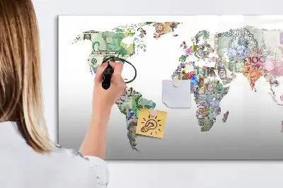 Magnetic glass dry erase board featuring a banknote map design