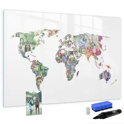 Magnetic glass dry erase board featuring a banknote map design