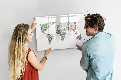 Magnetic glass dry erase board featuring a banknote map design