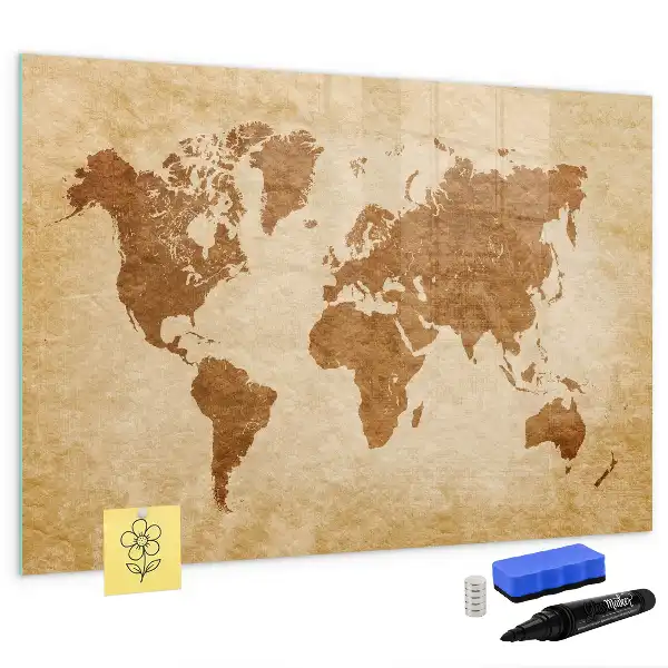 Magnetic glass dry erase board with an antique world map design