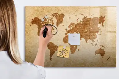 Magnetic glass dry erase board with an antique world map design