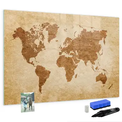 Magnetic glass dry erase board with an antique world map design