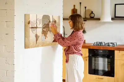Magnetic glass dry erase board with an antique world map design