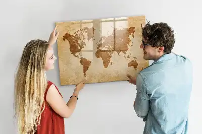 Magnetic glass dry erase board with an antique world map design