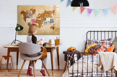 Magnetic glass dry erase board with an antique world map design