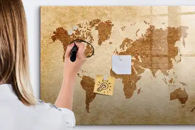 Magnetic glass dry erase board with an antique world map design