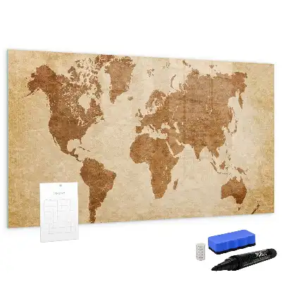 Magnetic glass dry erase board with an antique world map design