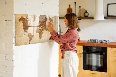 Magnetic glass dry erase board with an antique world map design
