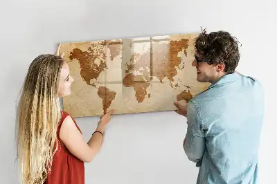Magnetic glass dry erase board with an antique world map design
