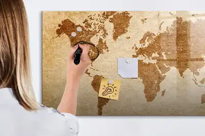 Magnetic glass dry erase board with an antique world map design