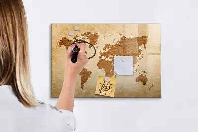 Magnetic glass dry erase board with an antique world map design