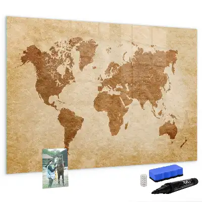 Magnetic glass dry erase board with an antique world map design