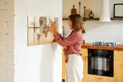 Magnetic glass dry erase board with an antique world map design