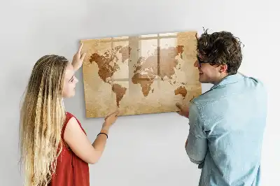 Magnetic glass dry erase board with an antique world map design