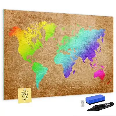 Magnetic glass dry erase board rainbow world map design