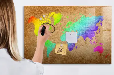 Magnetic glass dry erase board rainbow world map design
