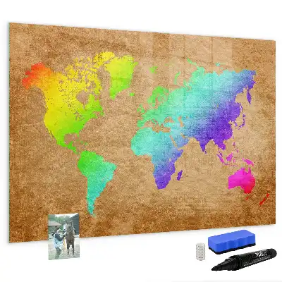 Magnetic glass dry erase board rainbow world map design