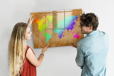 Magnetic glass dry erase board rainbow world map design
