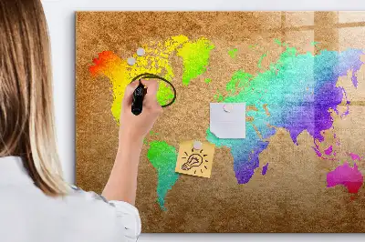 Magnetic glass dry erase board rainbow world map design