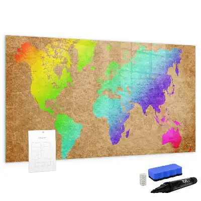 Magnetic glass dry erase board rainbow world map design