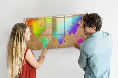 Magnetic glass dry erase board rainbow world map design