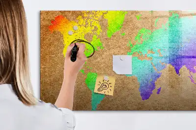 Magnetic glass dry erase board rainbow world map design