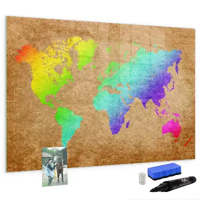 Magnetic glass dry erase board rainbow world map design